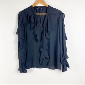 Zara Ruffled Long Butterfly Sleeves V-Neck Black Sheer Button Front Blouse